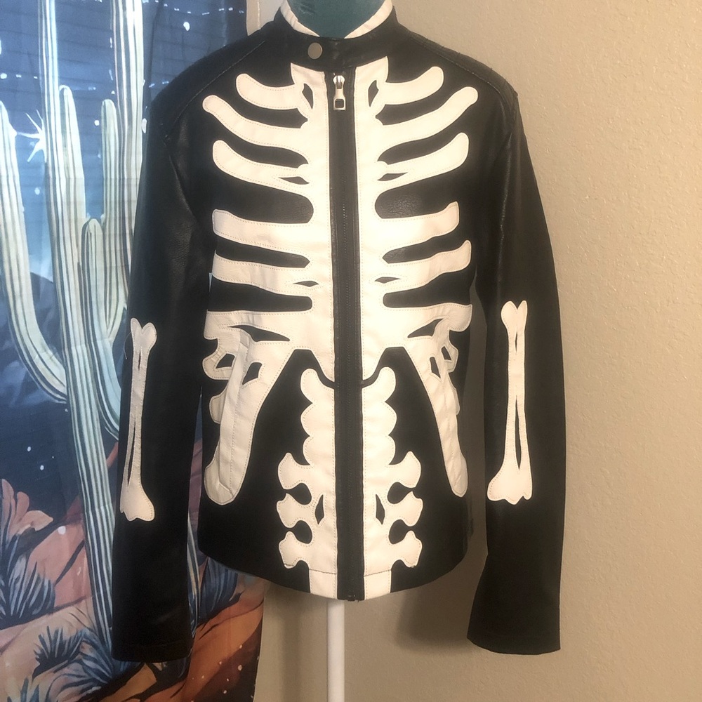 Black faux leather skeleton jacket men’s XS women’s M NWOT cafe racer